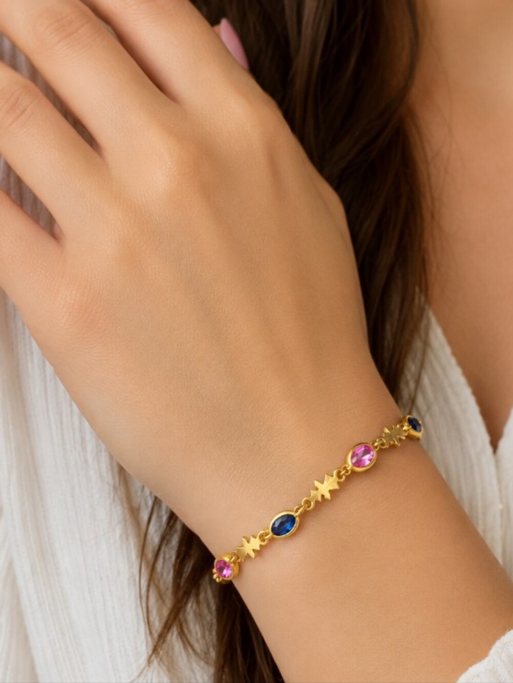 Avon Gold-Tone Bracelet with Pink and Blue Gem Accents Mothers Bracelet